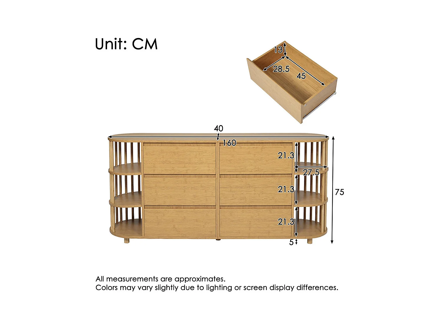 Commode chêne 160 cm design romain colonnes étagères bambou 6 tiroirs étagères ouvertes pieds réglables dimensions