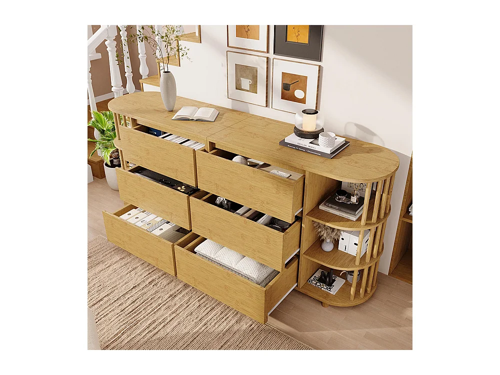 Commode chêne 160 cm design romain colonnes étagères bambou 6 tiroirs étagères ouvertes pieds réglables dimensions