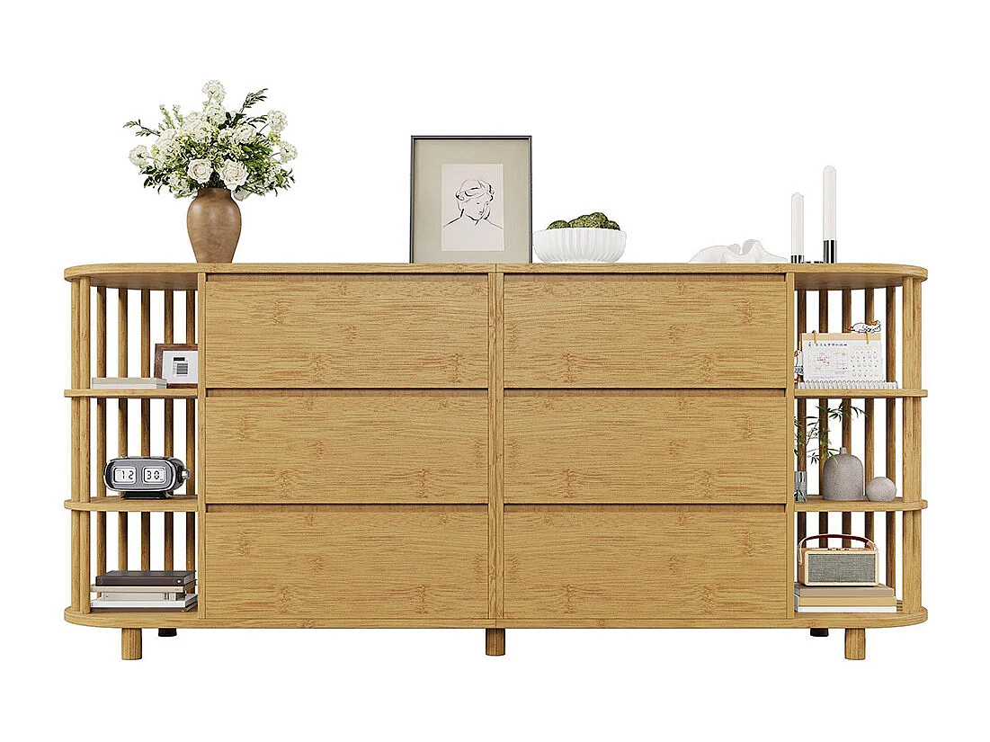 Commode chêne 160 cm design romain colonnes étagères bambou 6 tiroirs étagères ouvertes pieds réglables dimensions