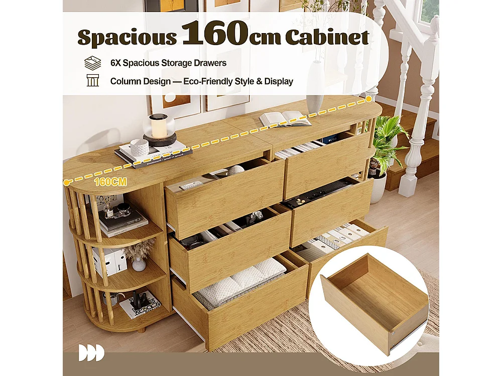 Commode chêne 160 cm design romain colonnes étagères bambou 6 tiroirs étagères ouvertes pieds réglables dimensions