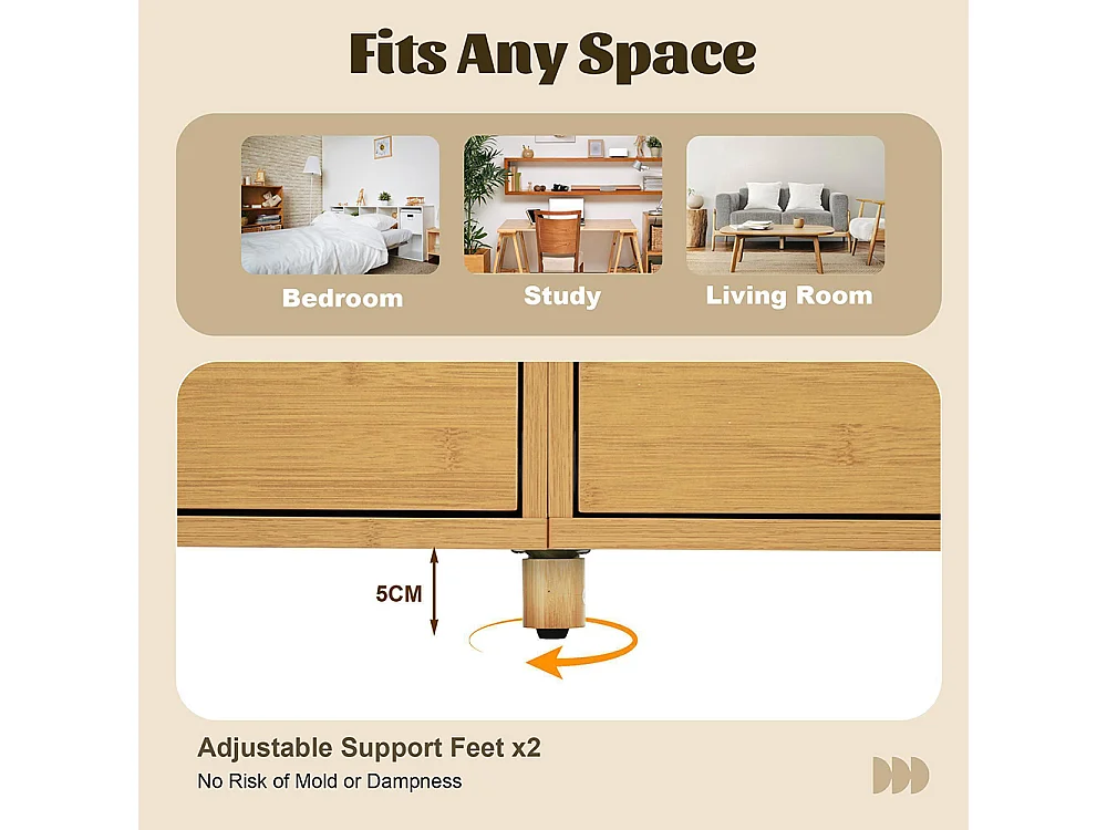 Commode chêne 160 cm design romain colonnes étagères bambou 6 tiroirs étagères ouvertes pieds réglables dimensions