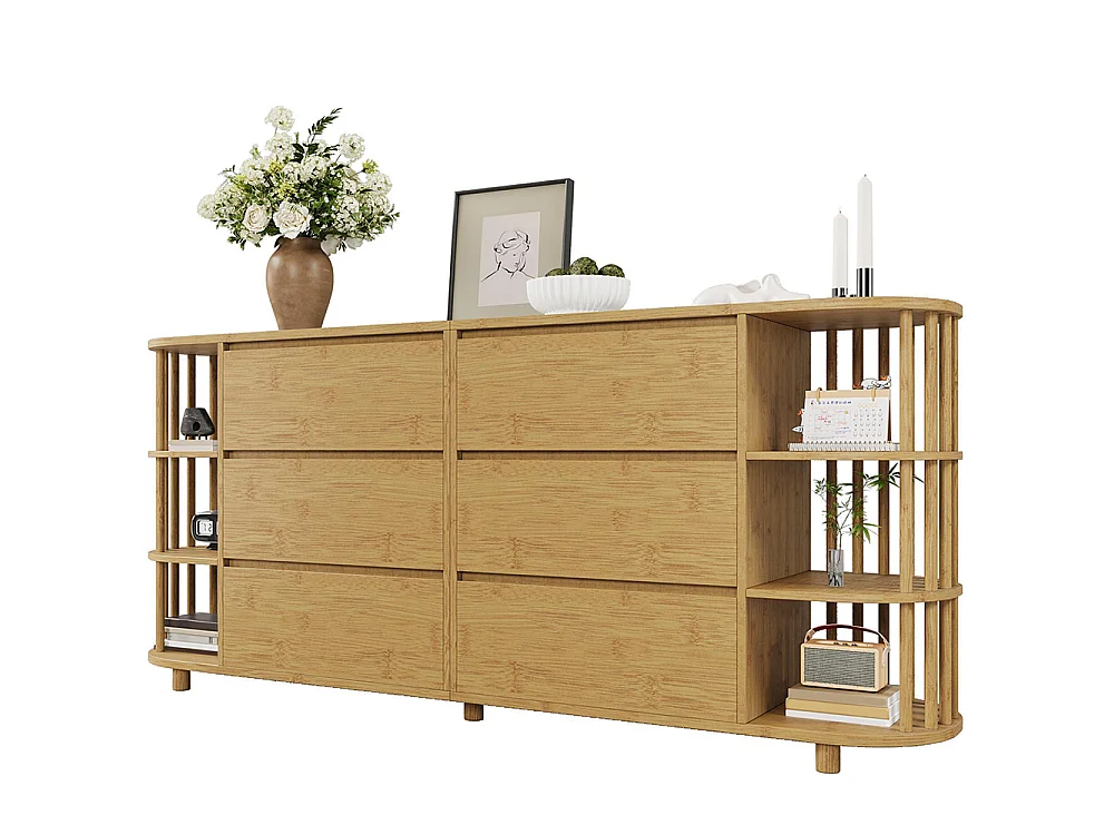 Commode chêne 160 cm design romain colonnes étagères bambou 6 tiroirs étagères ouvertes pieds réglables dimensions