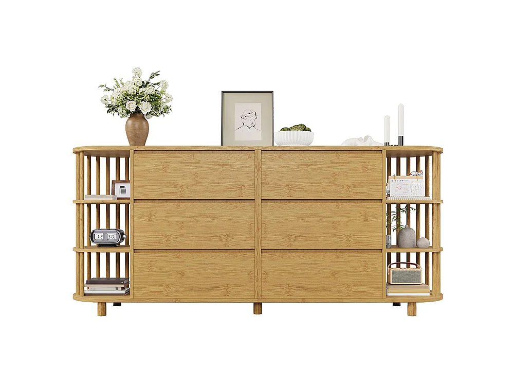 Commode chêne 160 cm design romain colonnes étagères bambou 6 tiroirs étagères ouvertes pieds réglables dimensions