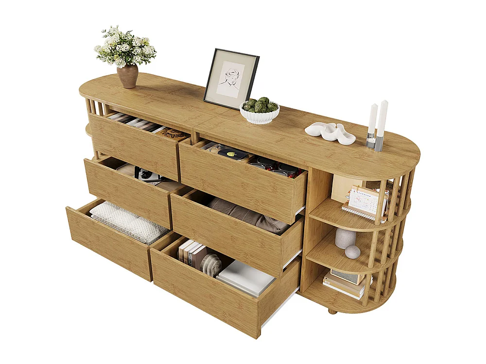 Commode chêne 160 cm design romain colonnes étagères bambou 6 tiroirs étagères ouvertes pieds réglables dimensions