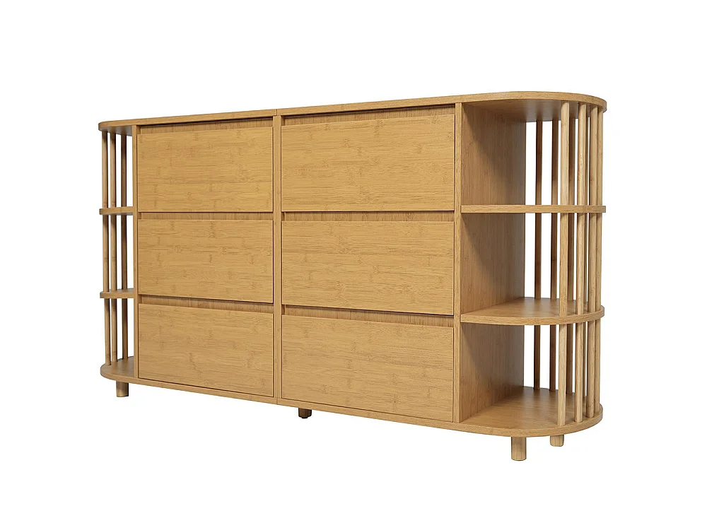 Commode chêne 160 cm design romain colonnes étagères bambou 6 tiroirs étagères ouvertes pieds réglables dimensions