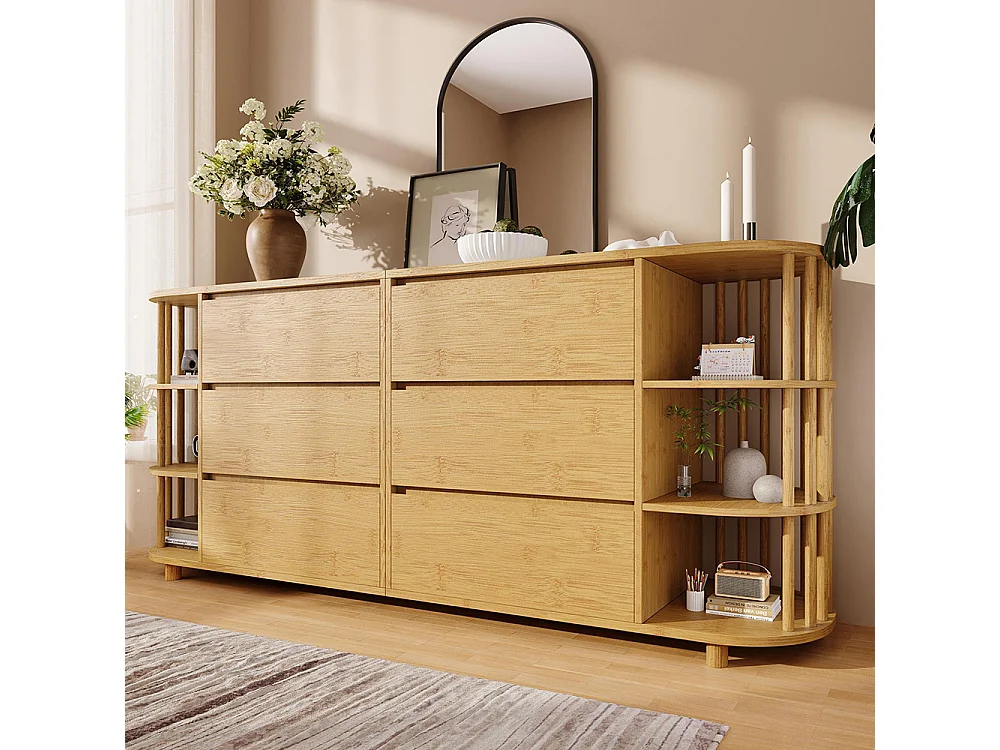 Commode chêne 160 cm design romain colonnes étagères bambou 6 tiroirs étagères ouvertes pieds réglables dimensions