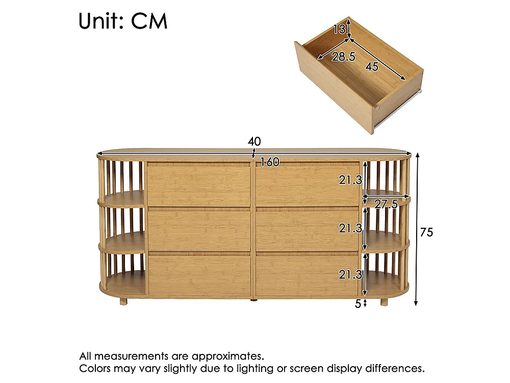 Commode chêne 160 cm design romain colonnes étagères bambou 6 tiroirs étagères ouvertes pieds réglables dimensions