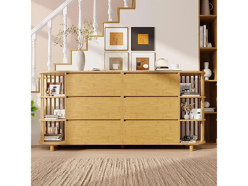 Commode chêne 160 cm design romain colonnes étagères bambou 6 tiroirs étagères ouvertes pieds réglables dimensions