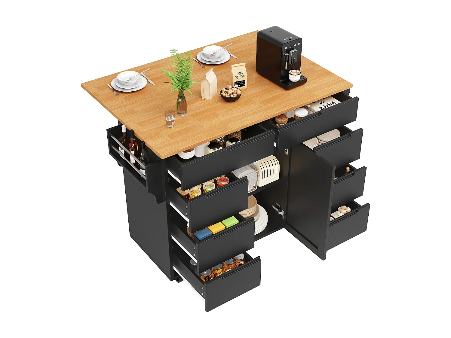 Isla de cocina con ruedas - 122 x 46/74,5 x 91,5 cm - carro de cocina extensible + 8 cajones - MDF - negro