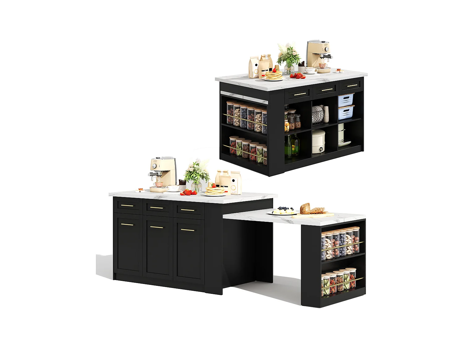 Îlot central avec 3 portes + 6 tiroirs et étagère - plateau extensible - 150/246 x 90 x 90 cm - MDF - blanc + noir