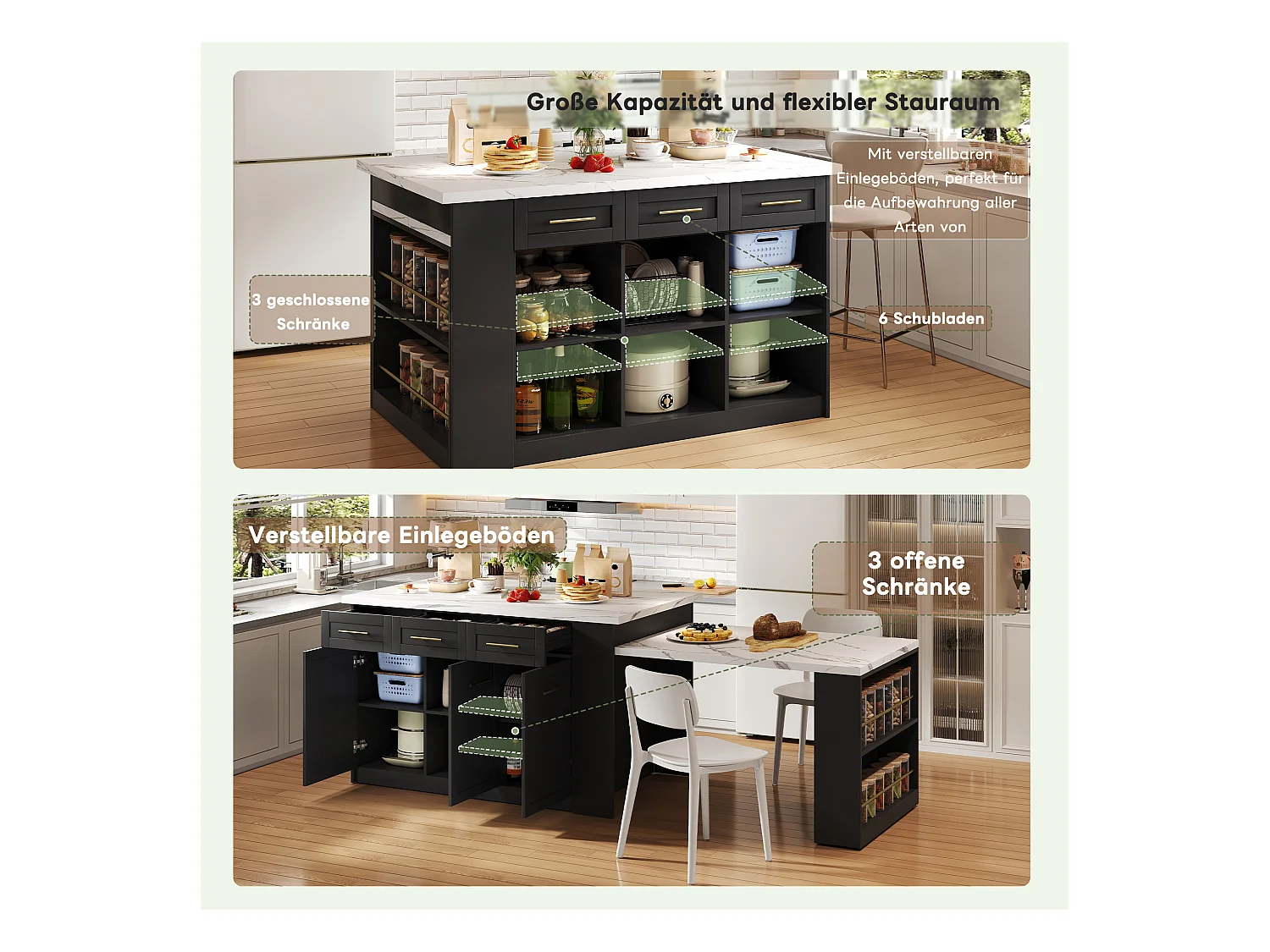 Îlot central avec 3 portes + 6 tiroirs et étagère - plateau extensible - 150/246 x 90 x 90 cm - MDF - blanc + noir