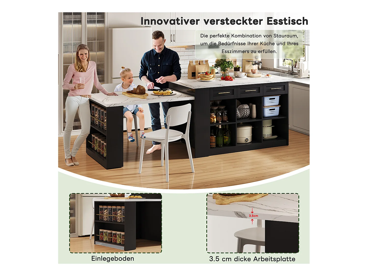 Îlot central avec 3 portes + 6 tiroirs et étagère - plateau extensible - 150/246 x 90 x 90 cm - MDF - blanc + noir