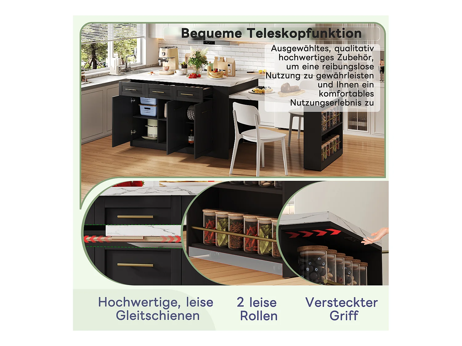 Îlot central avec 3 portes + 6 tiroirs et étagère - plateau extensible - 150/246 x 90 x 90 cm - MDF - blanc + noir