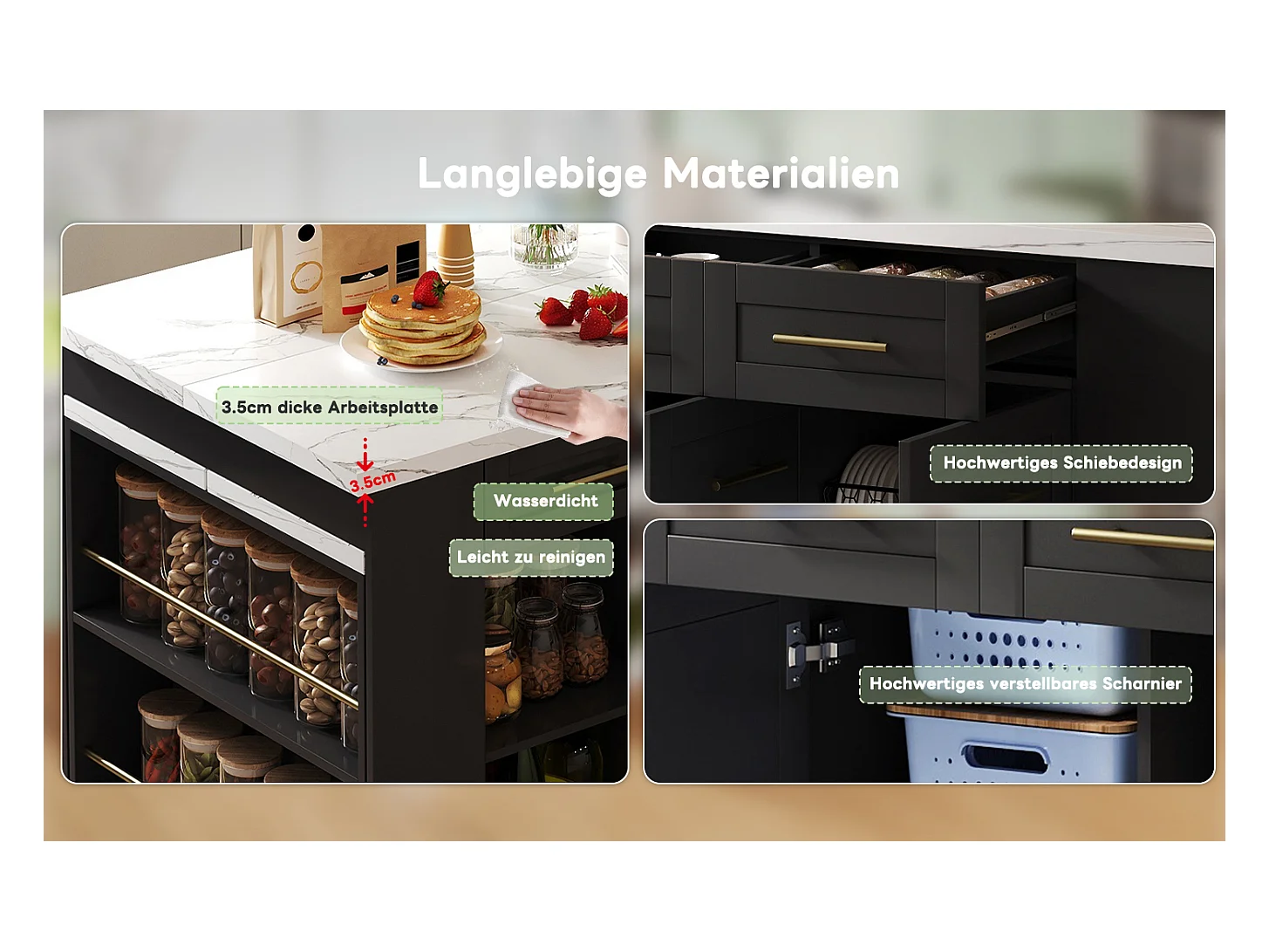 Îlot central avec 3 portes + 6 tiroirs et étagère - plateau extensible - 150/246 x 90 x 90 cm - MDF - blanc + noir