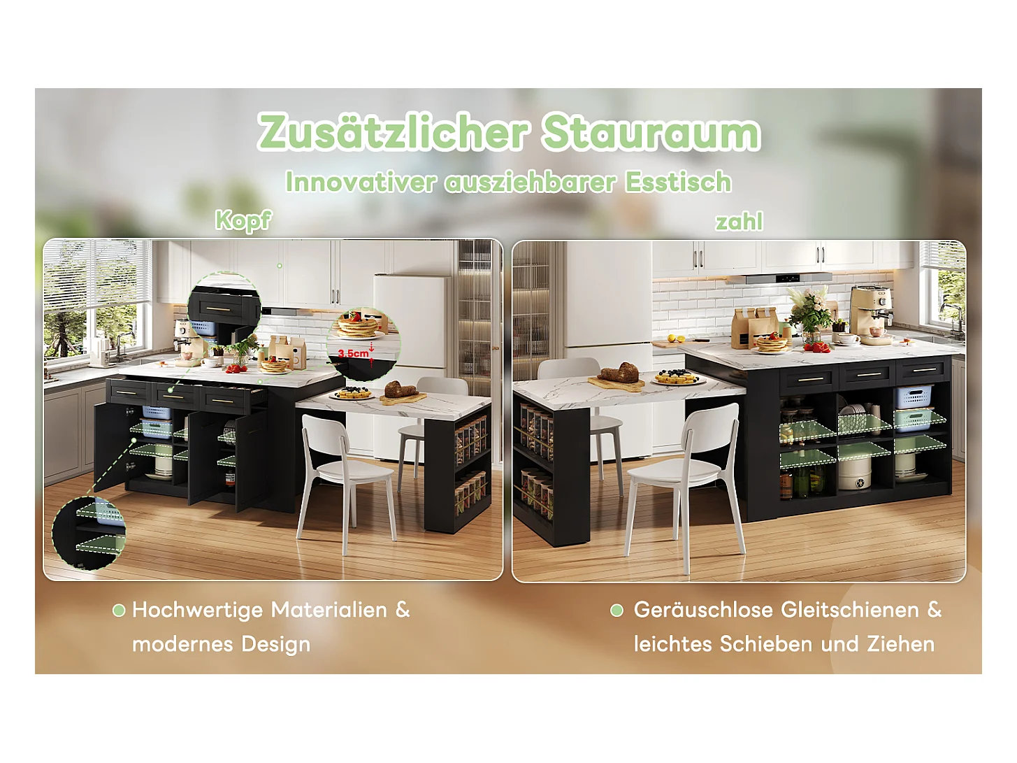 Mittelinsel mit 3 Türen + 6 Schubladen und Regal - ausziehbare Platte - 150/246 x 90 x 90 cm - MDF - Weiß + Schwarz
