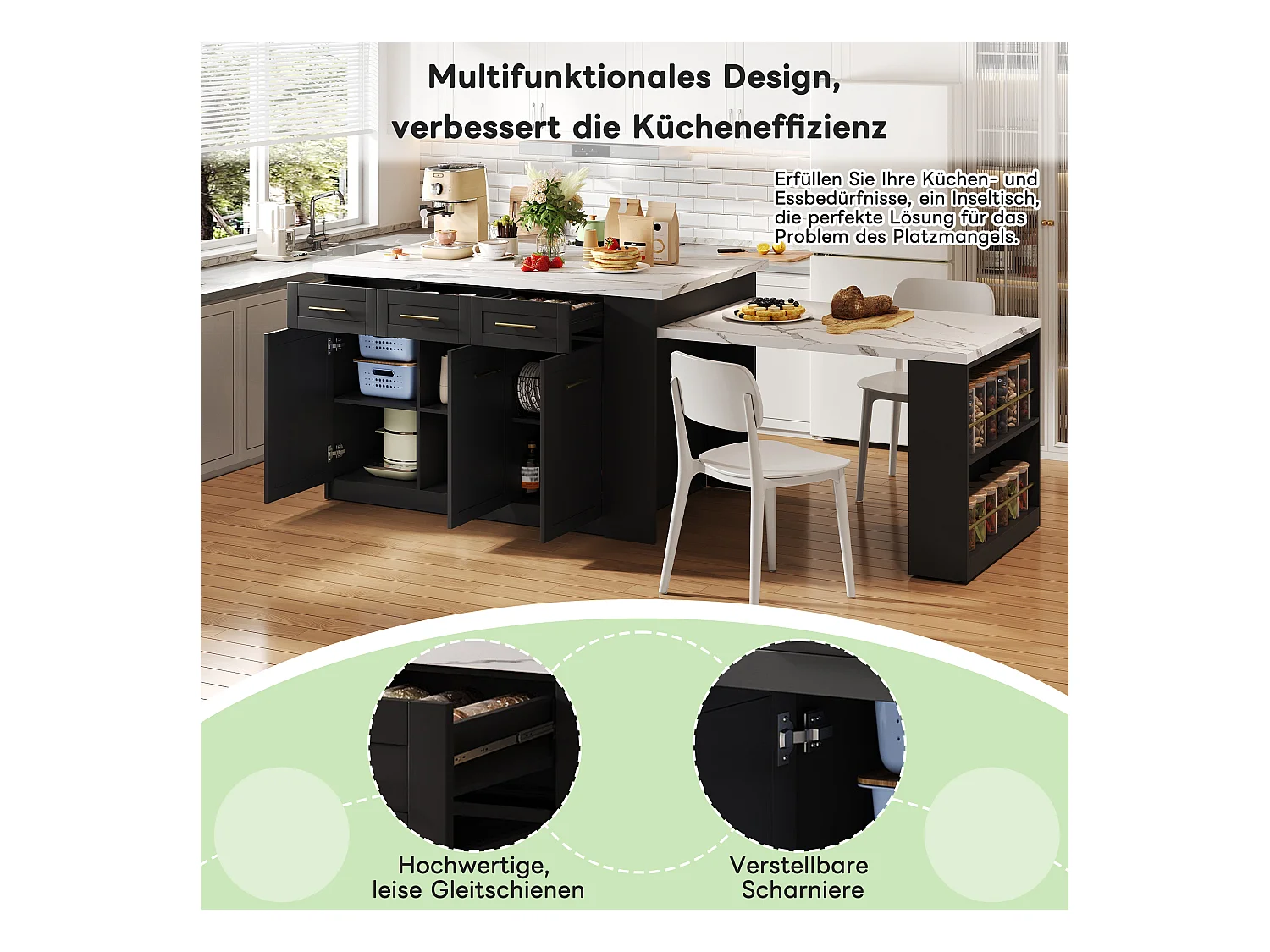 Mittelinsel mit 3 Türen + 6 Schubladen und Regal - ausziehbare Platte - 150/246 x 90 x 90 cm - MDF - Weiß + Schwarz