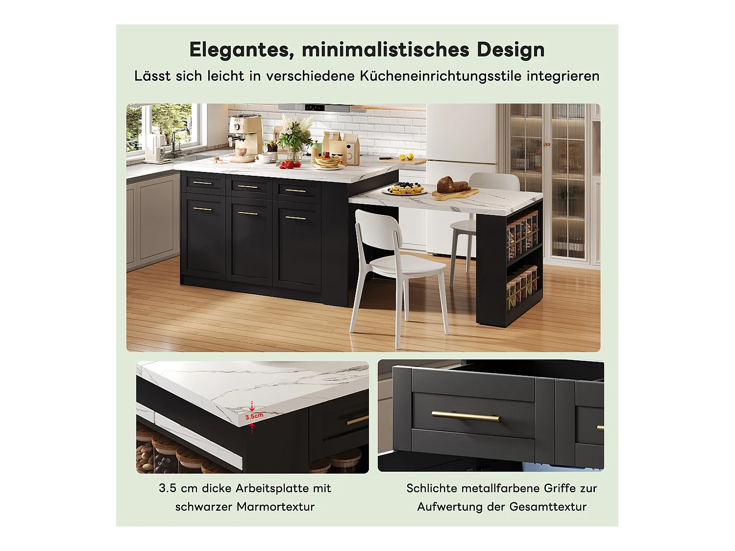 Mittelinsel mit 3 Türen + 6 Schubladen und Regal - ausziehbare Platte - 150/246 x 90 x 90 cm - MDF - Weiß + Schwarz