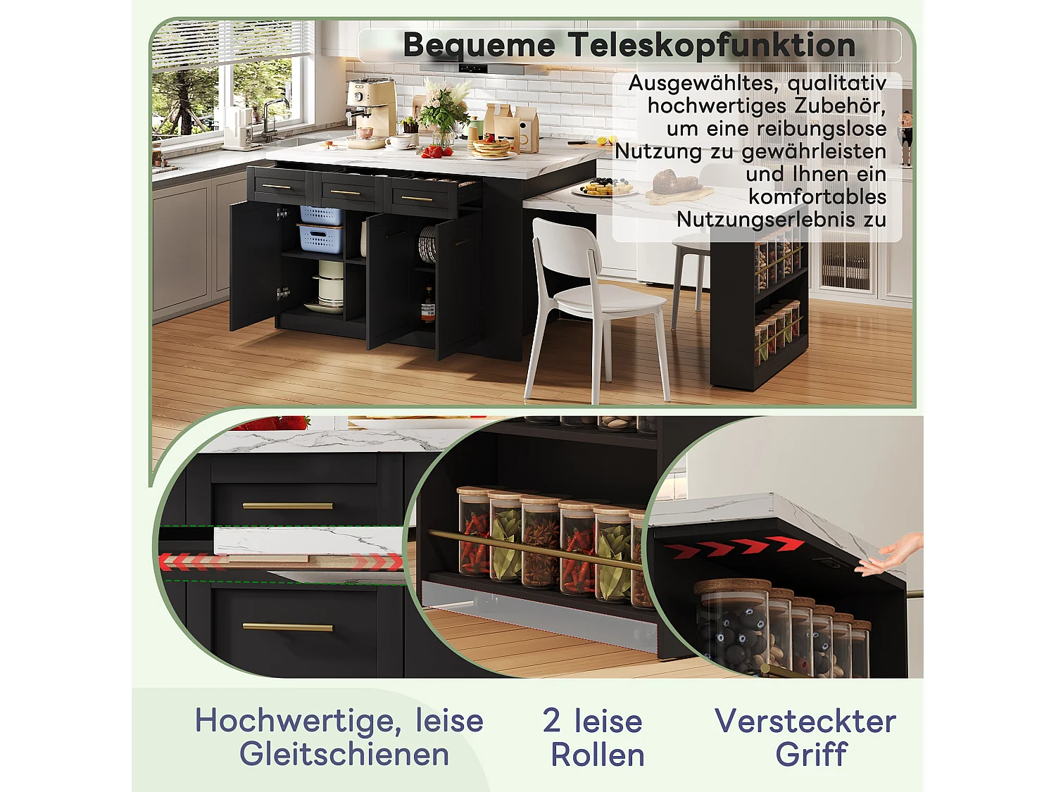 Mittelinsel mit 3 Türen + 6 Schubladen und Regal - ausziehbare Platte - 150/246 x 90 x 90 cm - MDF - Weiß + Schwarz