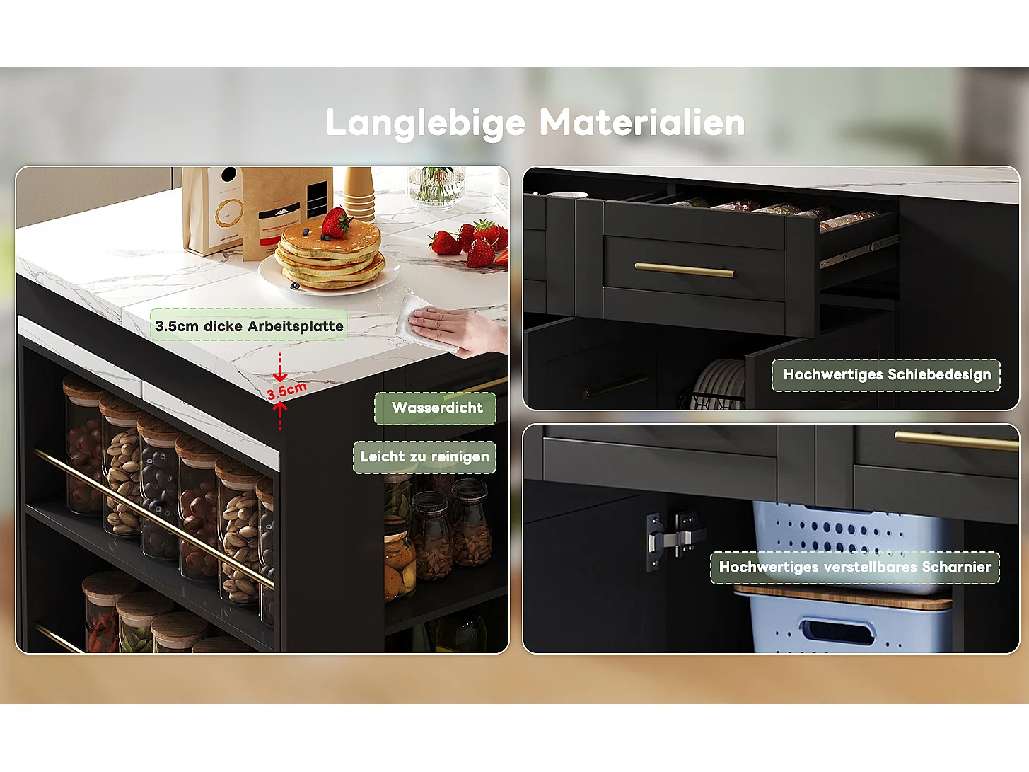 Mittelinsel mit 3 Türen + 6 Schubladen und Regal - ausziehbare Platte - 150/246 x 90 x 90 cm - MDF - Weiß + Schwarz