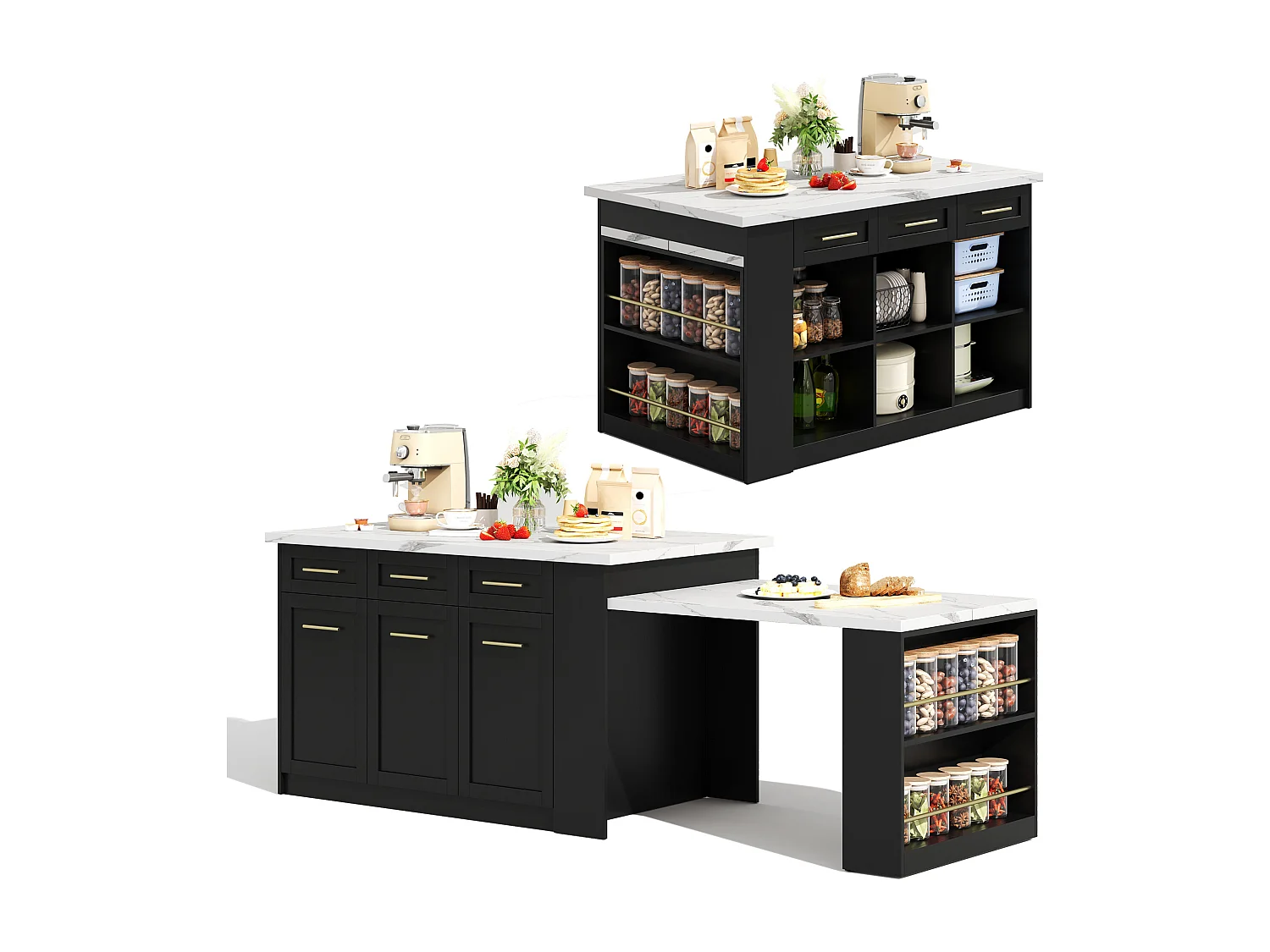 Îlot central avec 3 portes + 6 tiroirs et étagère - plateau extensible - 150/246 x 90 x 90 cm - MDF - blanc + noir