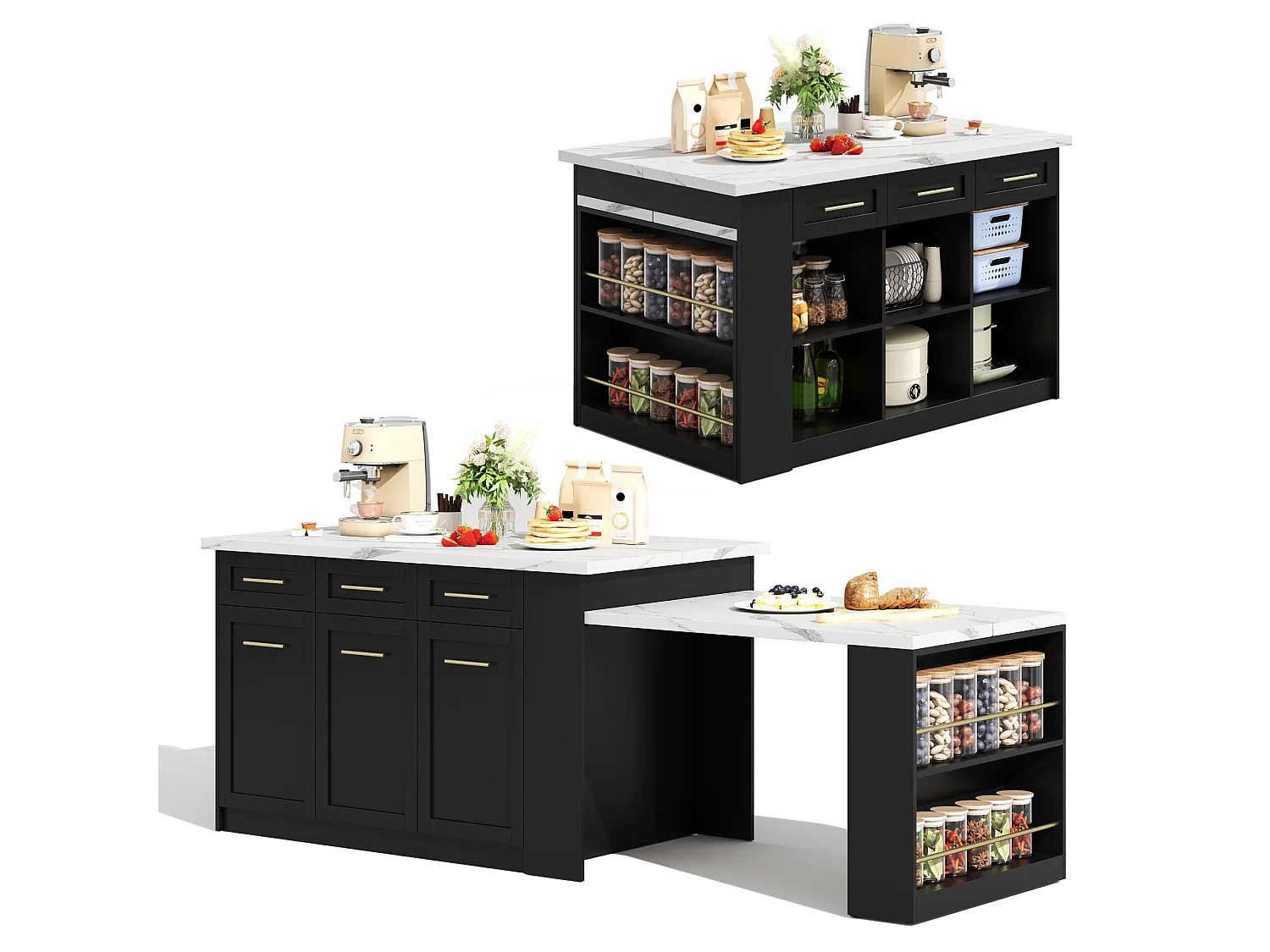 Mittelinsel mit 3 Türen + 6 Schubladen und Regal - ausziehbare Platte - 150/246 x 90 x 90 cm - MDF - Weiß + Schwarz