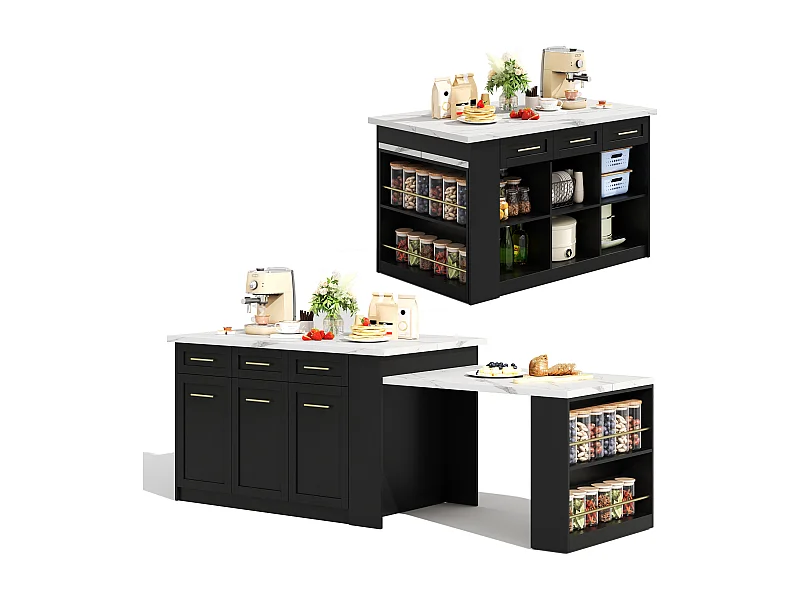 Îlot central avec 3 portes + 6 tiroirs et étagère - plateau extensible - 150/246 x 90 x 90 cm - MDF - blanc + noir