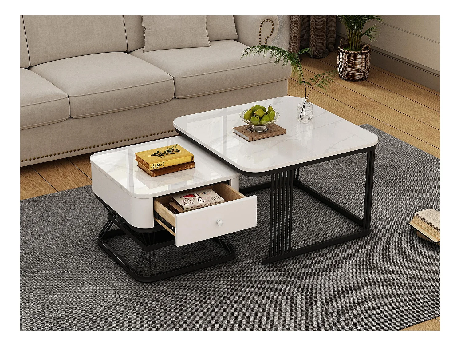 Lot de 2 tables gigognes - 70x70x45 cm + 50x50x40 cm - avec 1 tiroir - texture de marbre lisse - blanc + noir