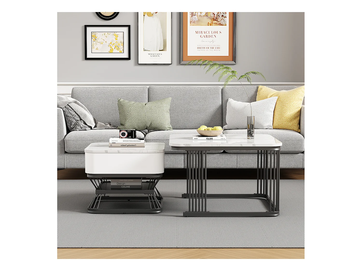 Lot de 2 tables gigognes - 70x70x45 cm + 50x50x40 cm - avec 1 tiroir - texture de marbre lisse - blanc + noir