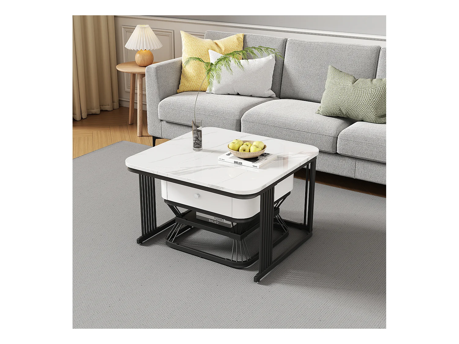 Lot de 2 tables gigognes - 70x70x45 cm + 50x50x40 cm - avec 1 tiroir - texture de marbre lisse - blanc + noir