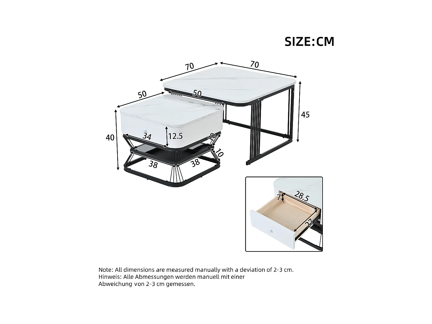 Lot de 2 tables gigognes - 70x70x45 cm + 50x50x40 cm - avec 1 tiroir - texture de marbre lisse - blanc + noir