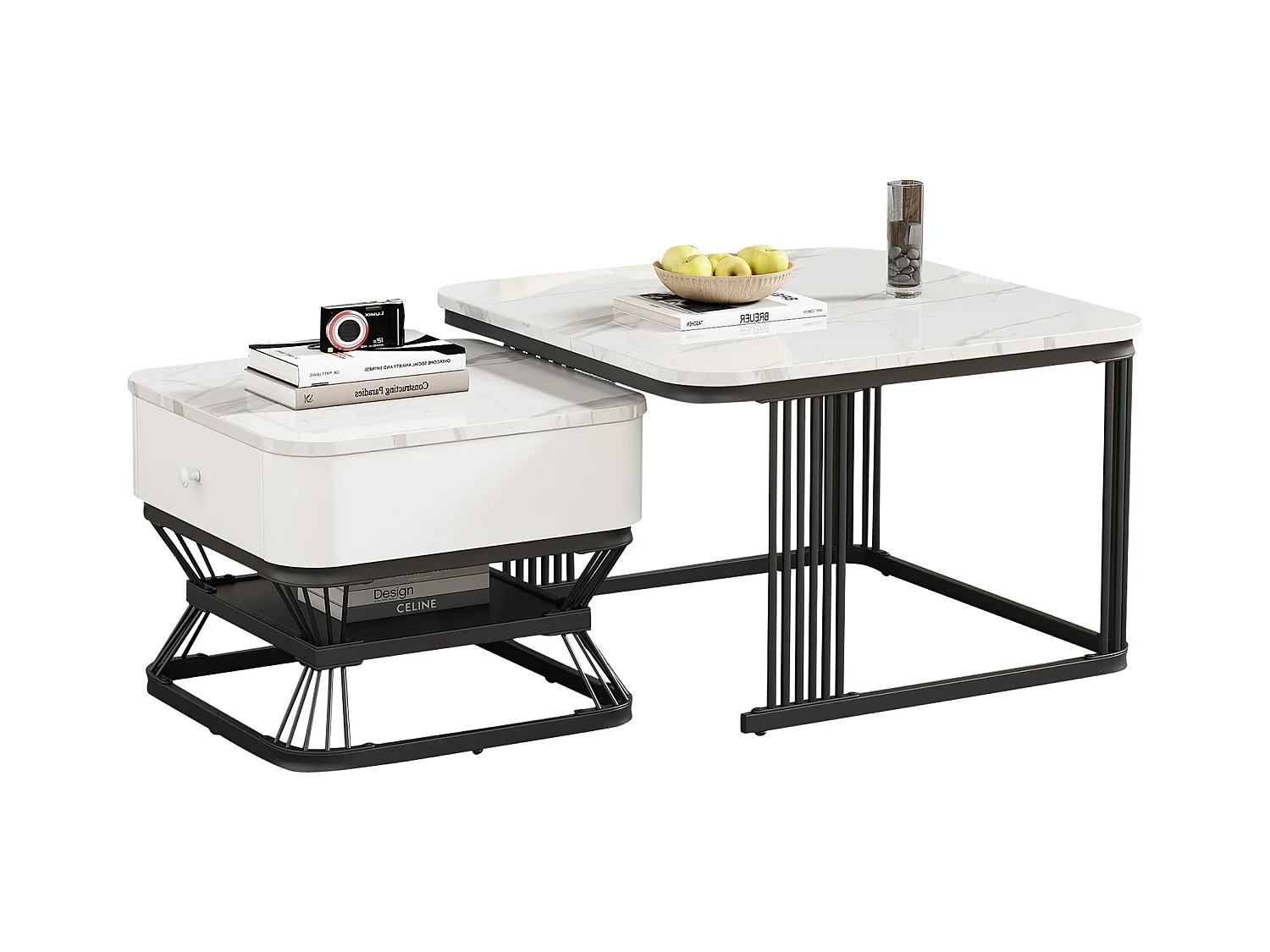 Lot de 2 tables gigognes - 70x70x45 cm + 50x50x40 cm - avec 1 tiroir - texture de marbre lisse - blanc + noir