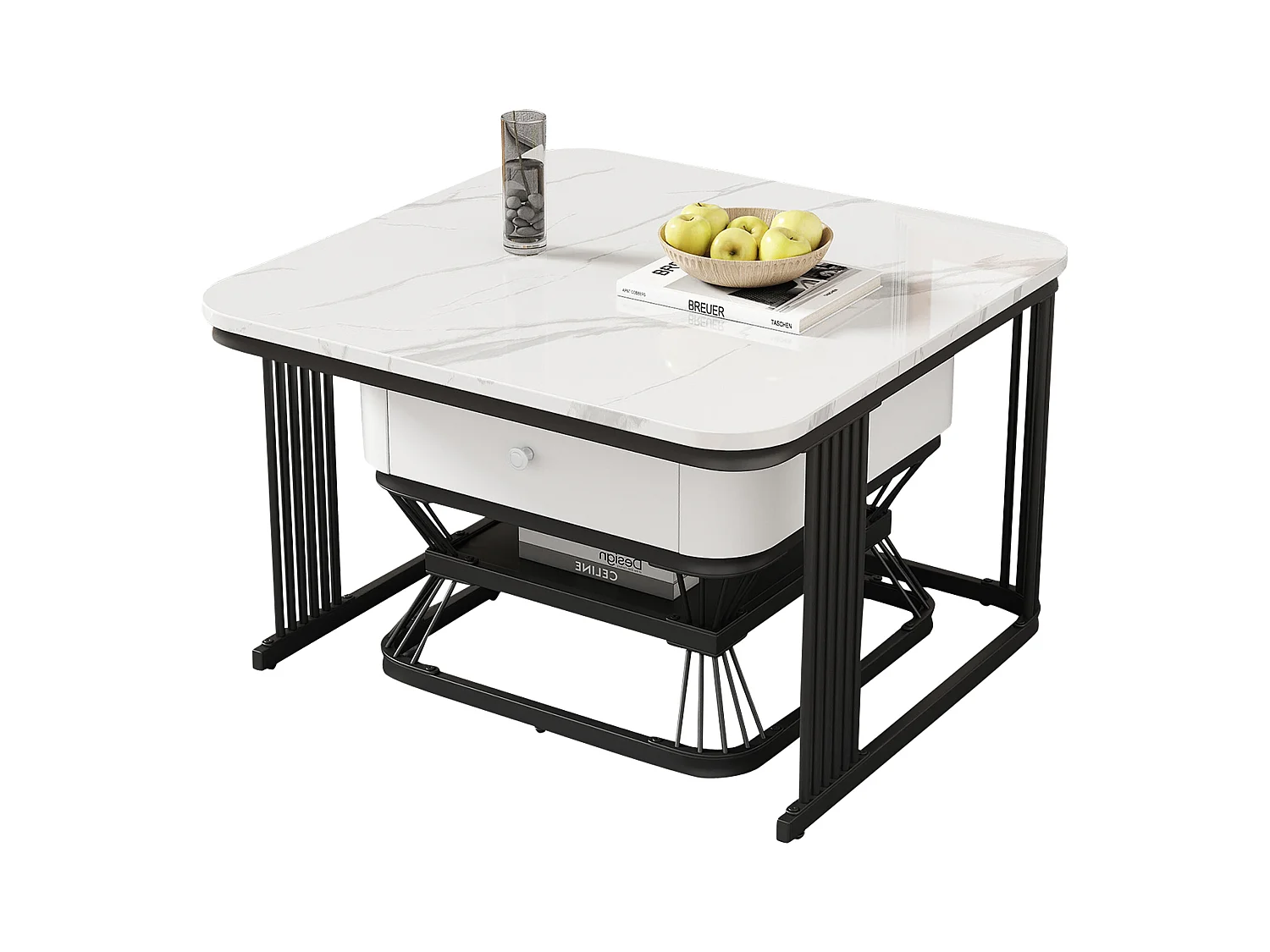 Lot de 2 tables gigognes - 70x70x45 cm + 50x50x40 cm - avec 1 tiroir - texture de marbre lisse - blanc + noir