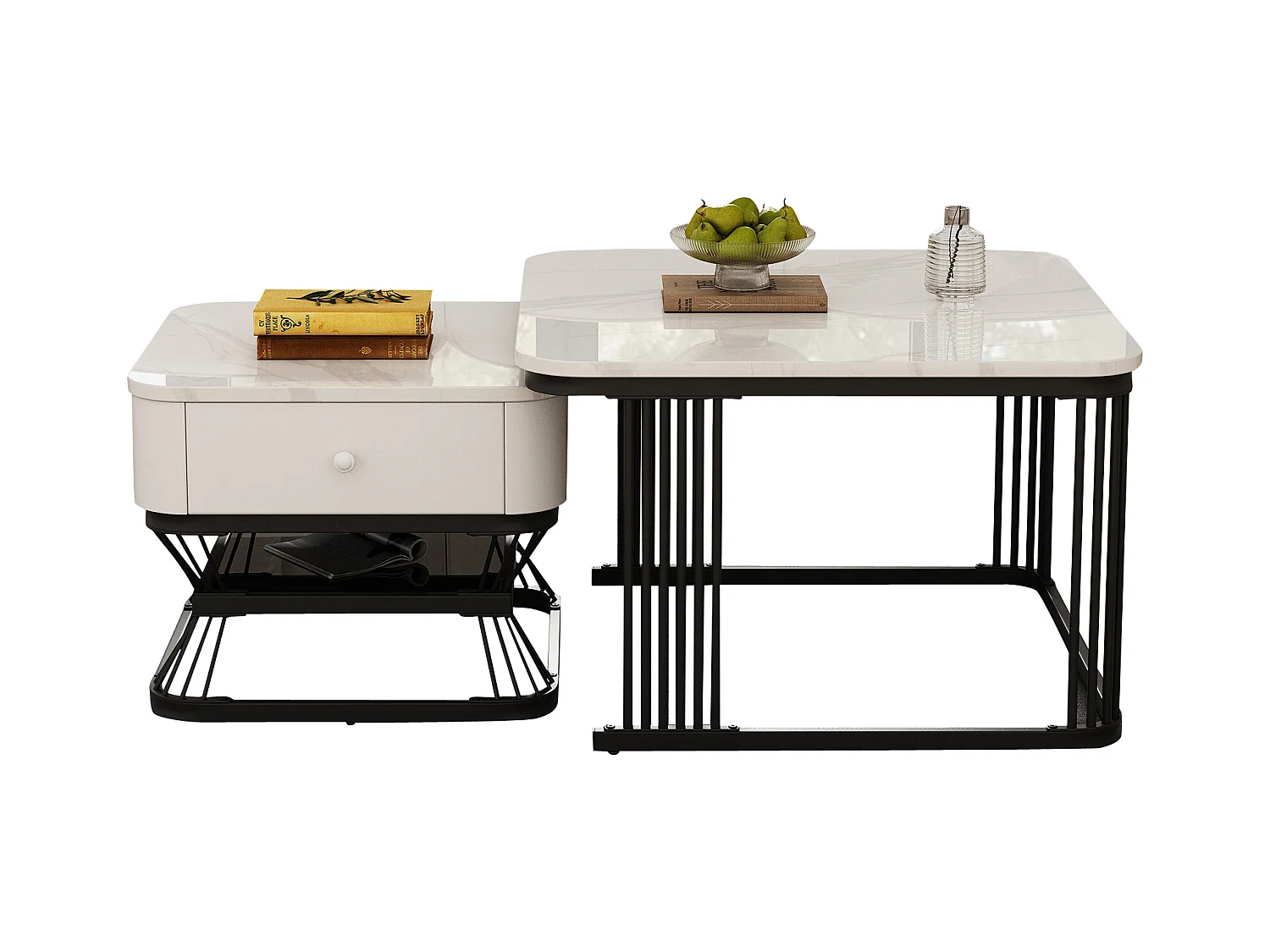 Lot de 2 tables gigognes - 70x70x45 cm + 50x50x40 cm - avec 1 tiroir - texture de marbre lisse - blanc + noir