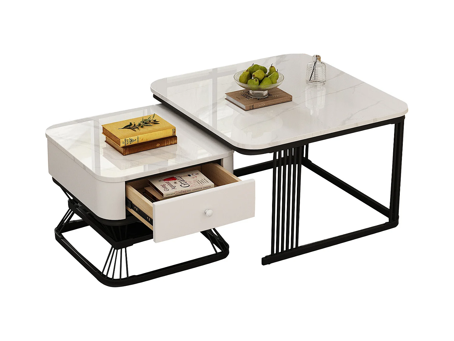 Lot de 2 tables gigognes - 70x70x45 cm + 50x50x40 cm - avec 1 tiroir - texture de marbre lisse - blanc + noir