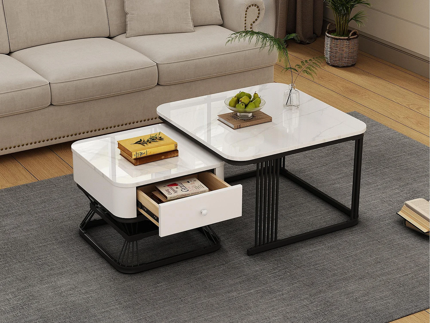 Lot de 2 tables gigognes - 70x70x45 cm + 50x50x40 cm - avec 1 tiroir - texture de marbre lisse - blanc + noir