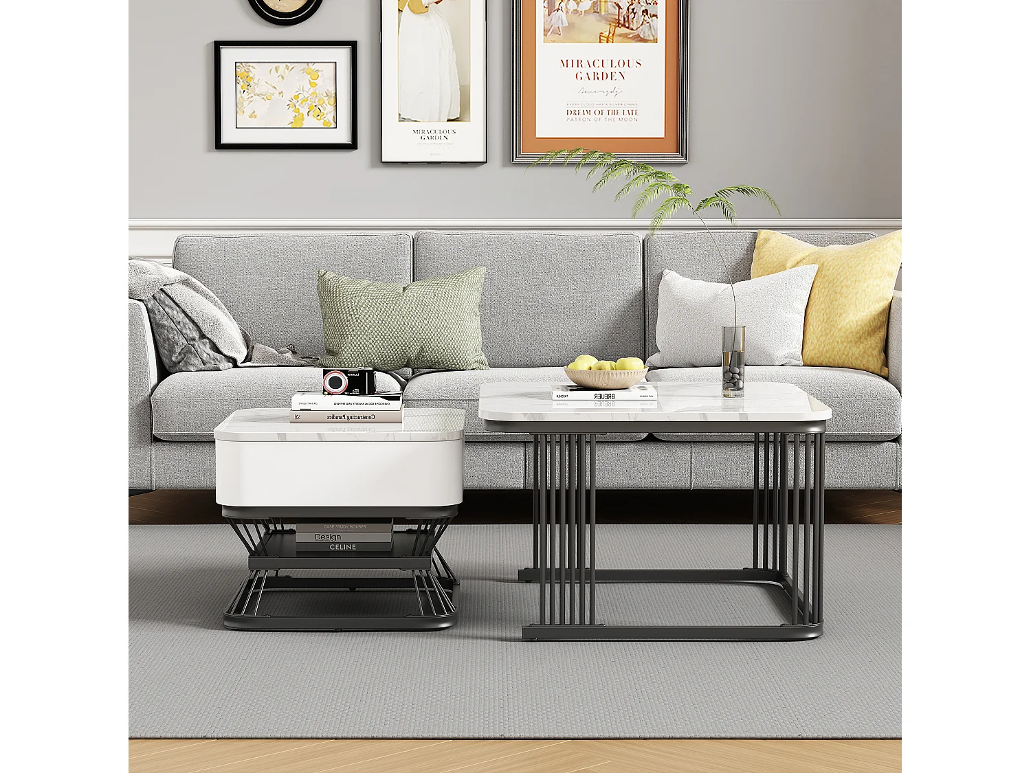 Lot de 2 tables gigognes - 70x70x45 cm + 50x50x40 cm - avec 1 tiroir - texture de marbre lisse - blanc + noir