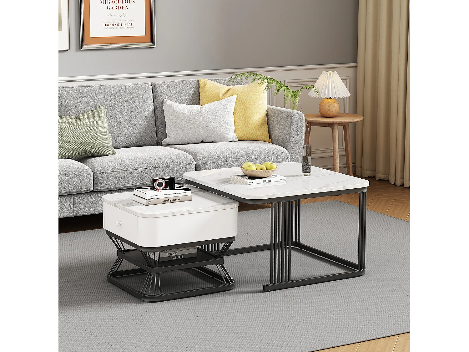 Lot de 2 tables gigognes - 70x70x45 cm + 50x50x40 cm - avec 1 tiroir - texture de marbre lisse - blanc + noir