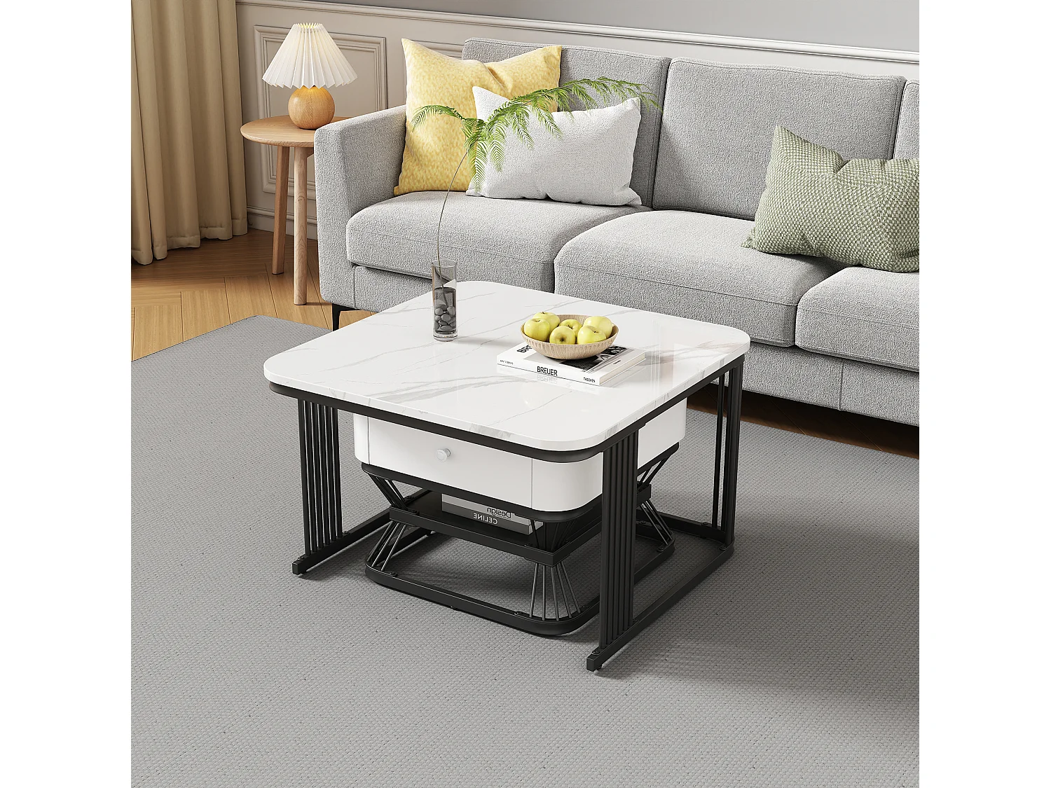 Lot de 2 tables gigognes - 70x70x45 cm + 50x50x40 cm - avec 1 tiroir - texture de marbre lisse - blanc + noir