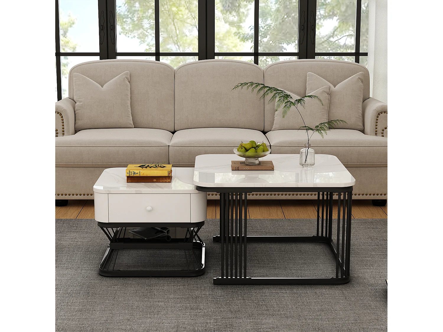 Lot de 2 tables gigognes - 70x70x45 cm + 50x50x40 cm - avec 1 tiroir - texture de marbre lisse - blanc + noir