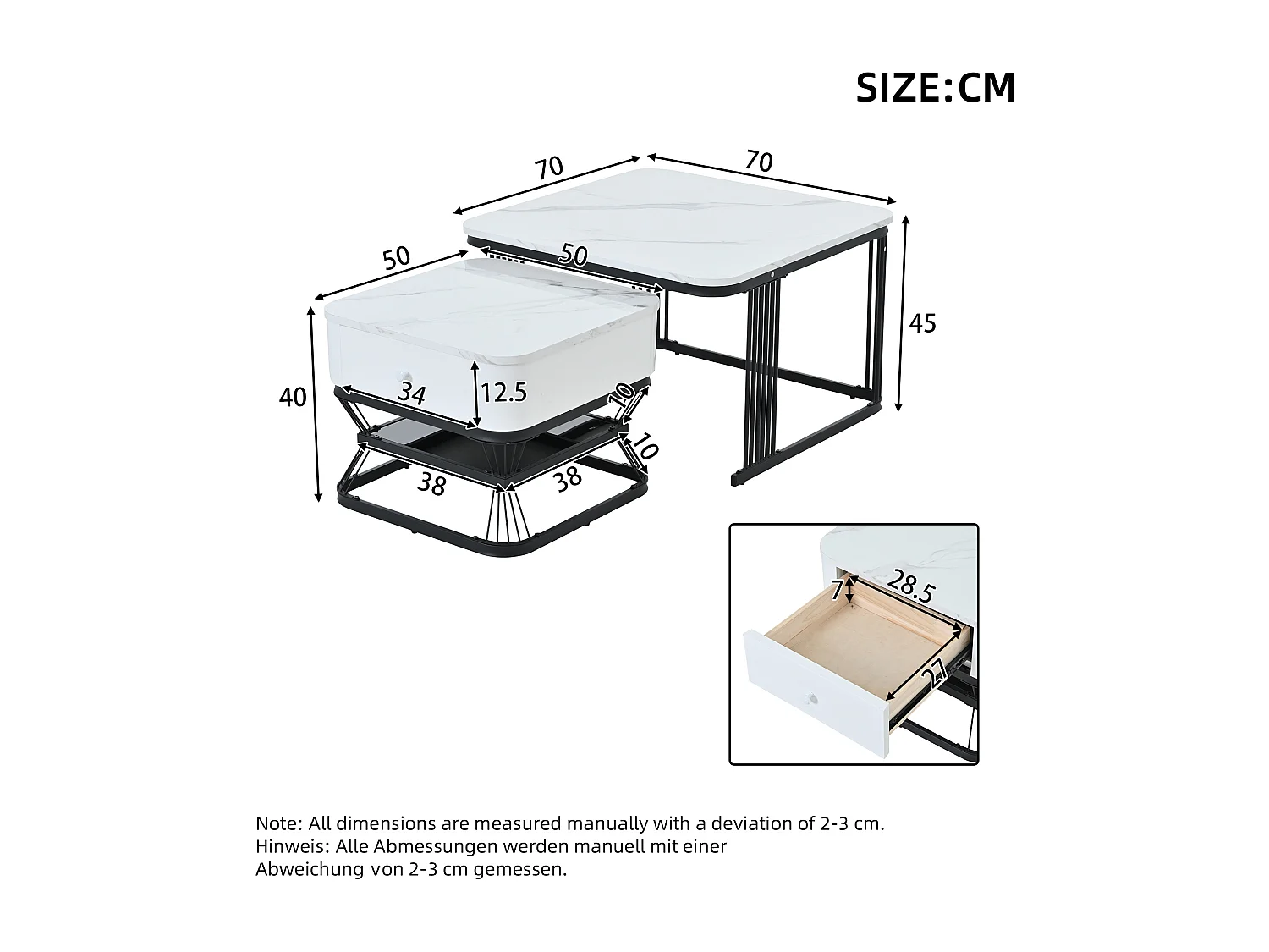 Lot de 2 tables gigognes - 70x70x45 cm + 50x50x40 cm - avec 1 tiroir - texture de marbre lisse - blanc + noir