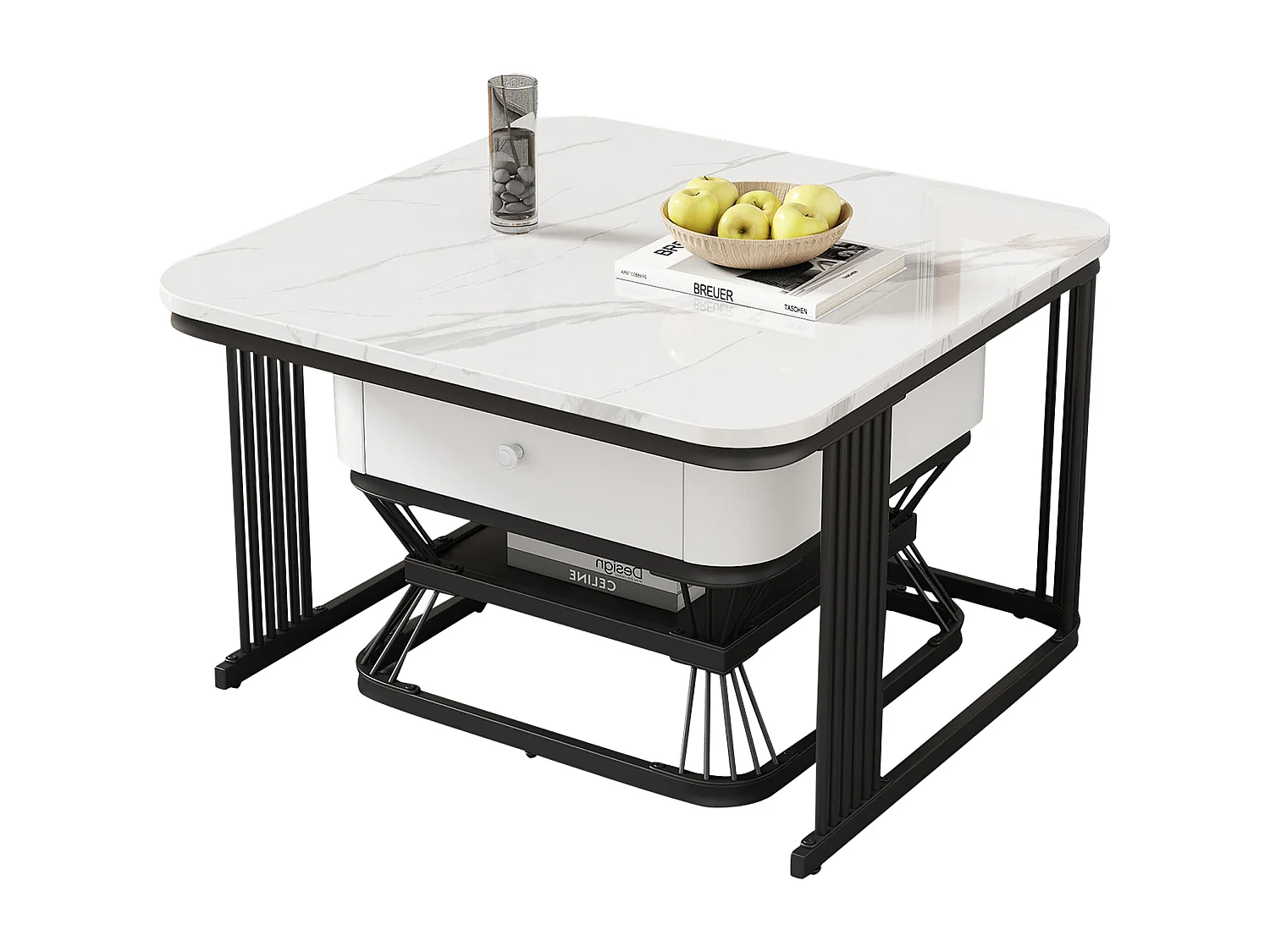 Lot de 2 tables gigognes - 70x70x45 cm + 50x50x40 cm - avec 1 tiroir - texture de marbre lisse - blanc + noir