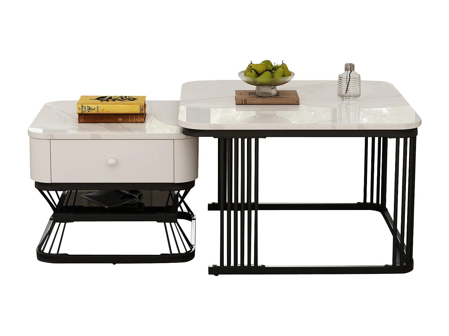 Lot de 2 tables gigognes - 70x70x45 cm + 50x50x40 cm - avec 1 tiroir - texture de marbre lisse - blanc + noir