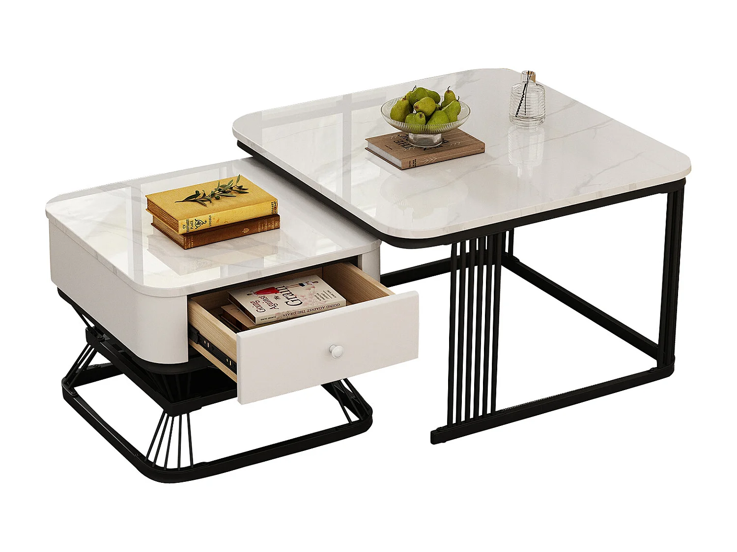 Lot de 2 tables gigognes - 70x70x45 cm + 50x50x40 cm - avec 1 tiroir - texture de marbre lisse - blanc + noir