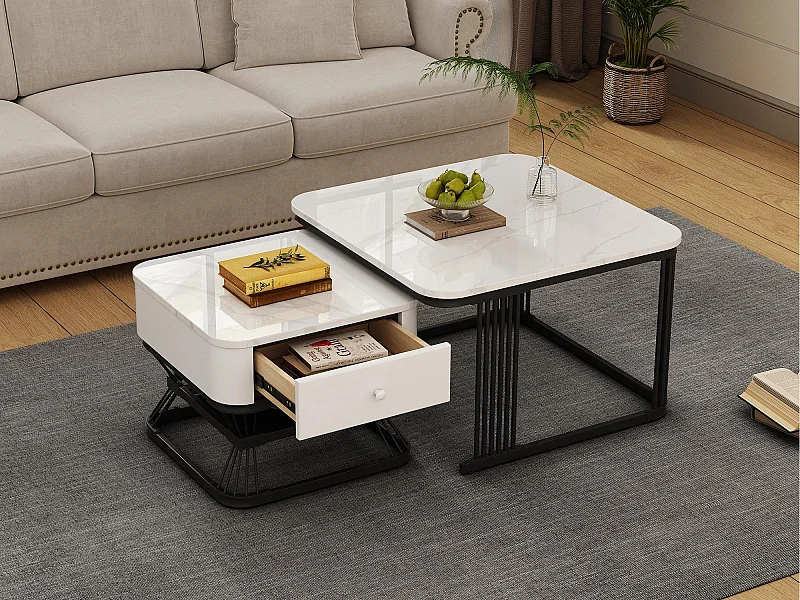 Zestaw 2 stolików serwantek - 70x70x45 cm + 50x50x40 cm - Z 1 szufladą - Gładka faktura marmuru - Biały + Czarny