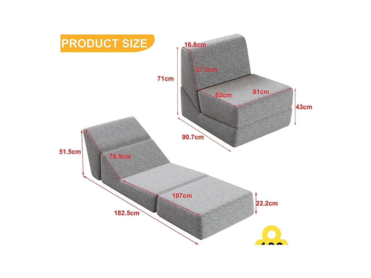 Fauteuil convertible pour adultes en mousse mini canapé lounge avec matelas triple pliable gris