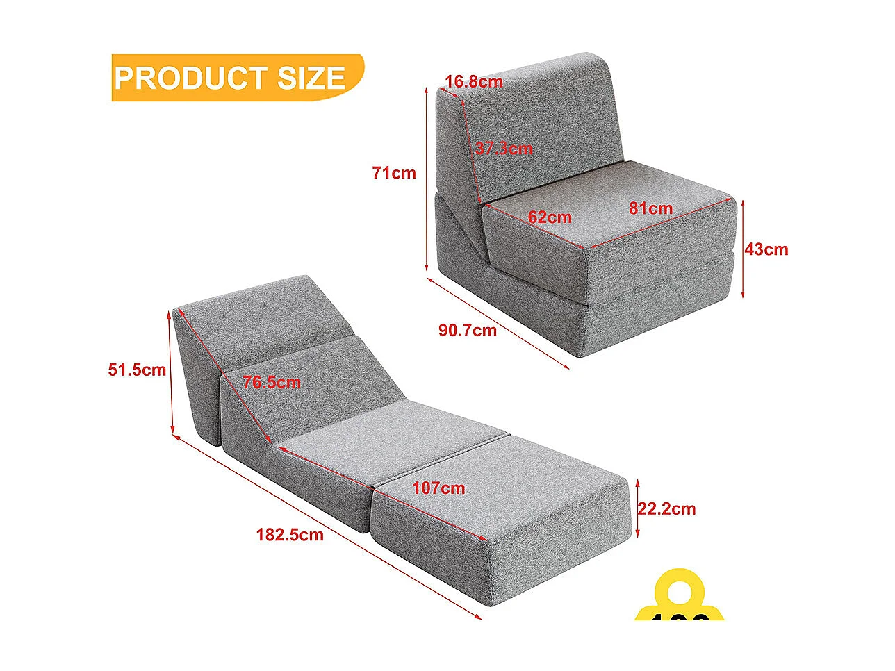 Fauteuil convertible pour adultes en mousse mini canapé lounge avec matelas triple pliable gris