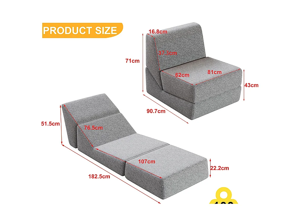 Fauteuil convertible pour adultes en mousse mini canapé lounge avec matelas triple pliable gris