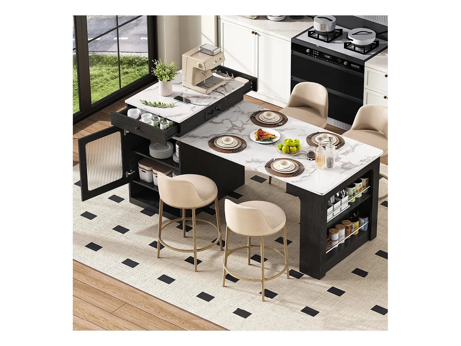 Tavolo da bar allungabile con piano removibile - 80 x 71/111/151 x 92 cm - con anta + cassetto - MDF + vetro - bianco + nero