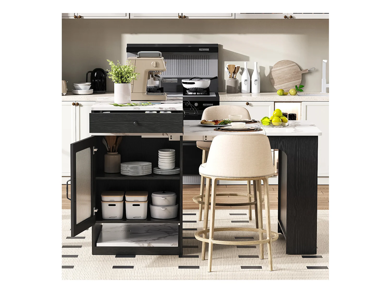 Tavolo da bar allungabile con piano removibile - 80 x 71/111/151 x 92 cm - con anta + cassetto - MDF + vetro - bianco + nero