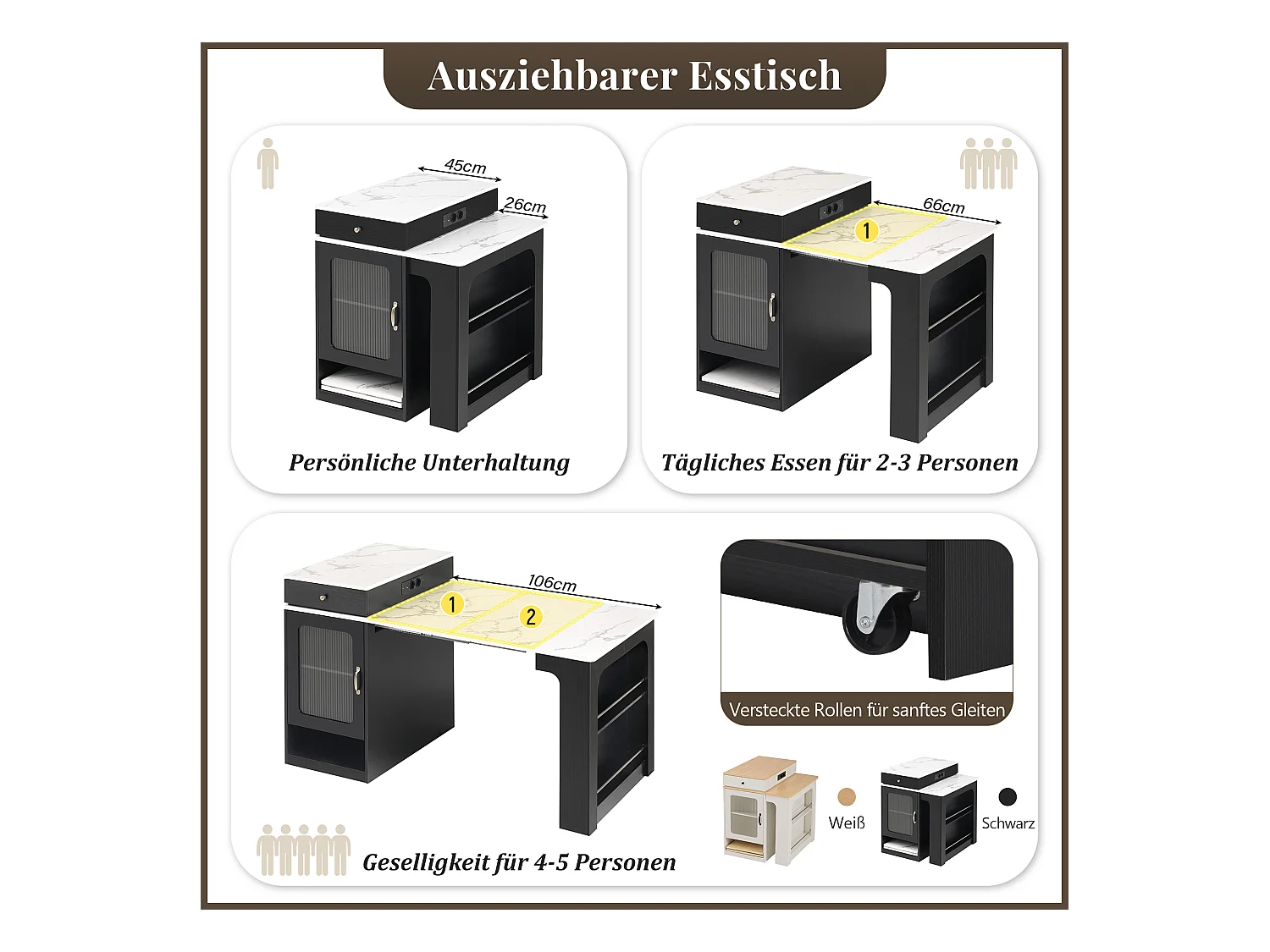 Tavolo da bar allungabile con piano removibile - 80 x 71/111/151 x 92 cm - con anta + cassetto - MDF + vetro - bianco + nero